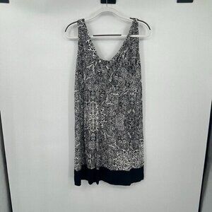 DKNYC Womens Dress Large Black White Floral Sleeveless Stretchy Knit V Neck